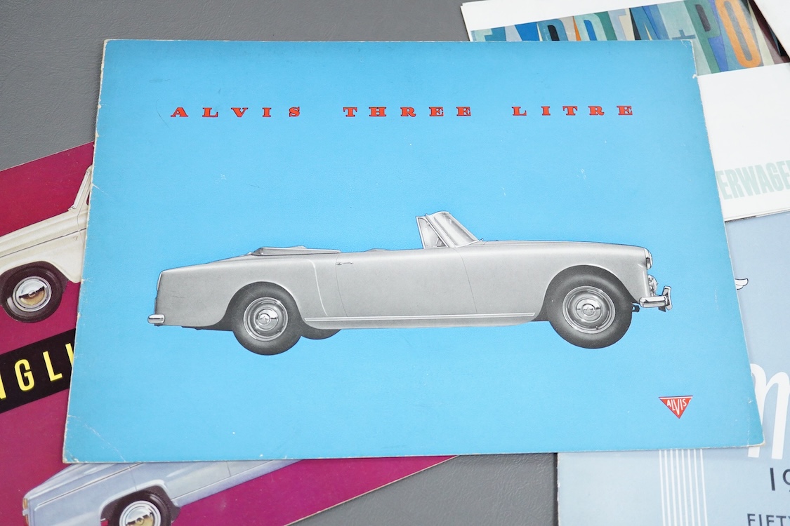 Six 1950s and 1960s motor car manufacturer’s brochures; the Alvis Three Litre TD21 (produced 1962-63), the Ford Anglia and Prefect (produced 1953-59), the Morgan (1960-61), the Opel Rekord P2 (produced 1960-63), the Opel
